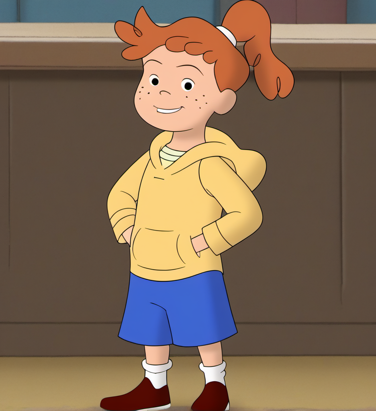 1girl, solo, awcg1, freckles, smile, ponytail, blue shorts, hood, orange hair, shoes, looking at viewer, child, full body, hoodie, socks, <lora:awcg1:1>,
