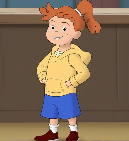 1girl, solo, awcg1, freckles, smile, ponytail, blue shorts, hood, orange hair, shoes, looking at viewer, child, full body, hoodie, socks, <lora:awcg1:1>,