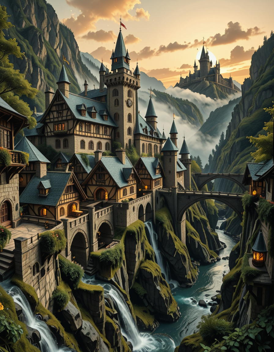 A breathtaking medieval fantasy city nestled in a lush valley, surrounded by towering mountains and dense forests. A grand castle with multiple towers and turrets stands atop a hill, overlooking the town below. The city consists of charming half-timbered houses with glowing windows, perched on rocky cliffs and connected by stone bridges over cascading waterfalls. The river flows through the village, reflecting the warm golden lights of lanterns and torches. Ivy and moss grow over the stone walls, adding to the enchanted, ancient atmosphere. The background features misty mountains with additional fortresses and watchtowers, partially hidden by low-hanging clouds. The sky is illuminated by a soft, warm sunset, casting a golden glow on the scenery, creating a perfect blend of realism and fantasy. Highly detailed, cinematic, and immersive, with a magical, fairy-tale ambiance.
<lora:SDXLFaeTastic2400:0.4> <lora:extremely_detailed:0.4> extremely detailed, ,medieval f4nt4sy c1ty <lora:medieval_f4nt4sy_c1ty-i:1>, Masterpiece,best quality,hi res,8k,hi res,8k,award winning,(sharp focus, intricate, highly detailed),