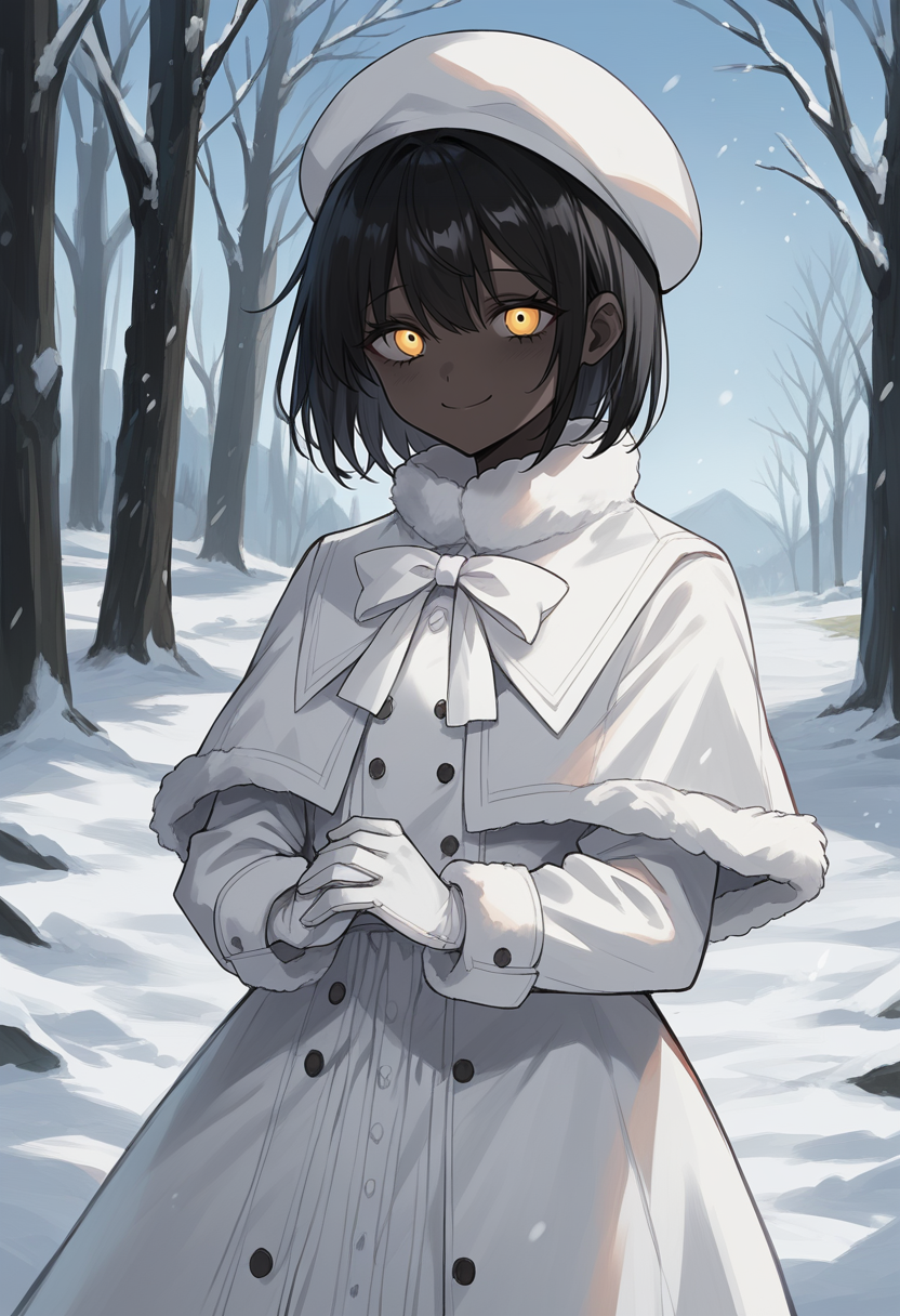 masterpiece, best quality, uncensored, source_anime, score_9, score_8_up, score_7_up, score_6_up, score_5_up, score_4_up, 1girl, solo, theprincess, dark-skinned female, very dark skin, black hair, short hair, yellow eyes, white dress, long sleeves, capelet, white bow, white gloves, white coat, fur trim, white headwear, beret, smile, cowboy shot, snow, outdoors, nature <lora:ThePrincess:0.8>