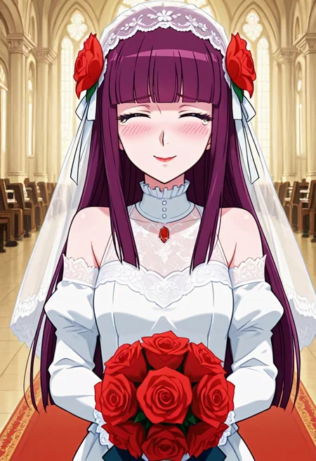 score_9,score_8_up,score_7_up,source_anime,5_figner,2d_animation,game cg,BREKE,1girl,solo,
Loretta Lecarde,purple hair,blunt bangs,hime cut,blue eyes,long hair,red lips.
hair ornament,wedding dress, ribbon, bare shoulders,
jewelry, hair ribbon, flower, hair flower,
white dress,rose, veil,red flower, white footwear
bouquet, bridal veil, red rose, holding bouquet,bride,small breast,
front view,lovey-dovey,closed eyes.smile,blush,tears of gratitude,Flower storm,
church,wedding,rice shower,red carpet,upper body,
masterpiece,best qualit,ultra-detailed,illustration,an extremely delicate and beautiful,beautiful detailed eyes,unity 8k wallpaper,high resolution,anime CG,official_art,