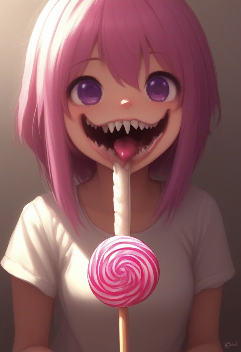 CivChan, purple eyes, pink hair,
(licking a giant lollipop made from teeth, made_from_teef:1.5)