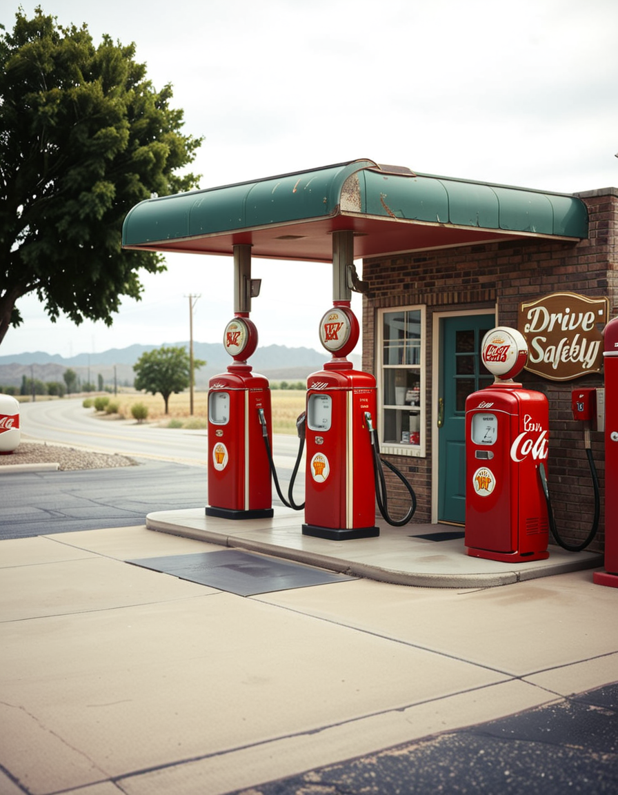 A realistic vintage photograph of a 1950s American gas station with no people present. The small brick building has a flat roof with a wide canopy extending over two classic red gas pumps from the 1950s, featuring chrome details, round meters, spiral hoses, and retro branding like "Texaco" or "Shell".The ground is old concrete with cracks and oil stains. Beside the station, there's a vintage Coca-Cola vending machine and a hand-painted wall sign that reads âDrive Safely!â. The sky is lightly overcast, casting soft shadows and a nostalgic mood. In the background, leafy trees, distant low hills, and an empty country road stretch into the distance. The photo has a slightly faded, desaturated color palette with warm vintage tones and a subtle grain, mimicking the look of 1950s Kodak film photography. The overall atmosphere is calm, quiet, and deeply nostalgic.
<lora:SDXLFaeTastic2400:0.4> <lora:extremely_detailed:0.4> extremely detailed, <lora:1950s_American_gas_st4t10n:1>,1950s American gas st4t10n, Masterpiece,best quality,hi res,8k,hi res,8k,award winning,(sharp focus, intricate, highly detailed),