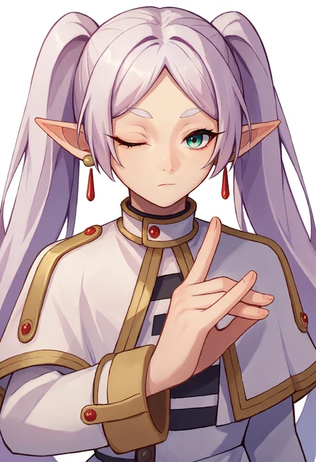score_9_up score_8_up score_7_up, 1girl, fox shadow puppet (one eye closed:1.1)
BREAK
nereirfpnxl, frieren, 1girl, solo, pointy ears, twintails, very long hair, earrings, holding, jewelry, white background, capelet, elf, dress, simple background, white capelet, long sleeves, white dress, closed mouth, parted bangs, white hair, upper body
<lora:chainsawman_pose_fox_shadow_puppet_pony:1>
<lora:others_frieren_nereirfpnxl_pony_v2:1>