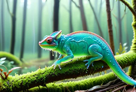 masterpiece, best quality, absurdres, Sl1m3d, slime-morph, chameleon, sitting on brach, forest, depth of field, slime
