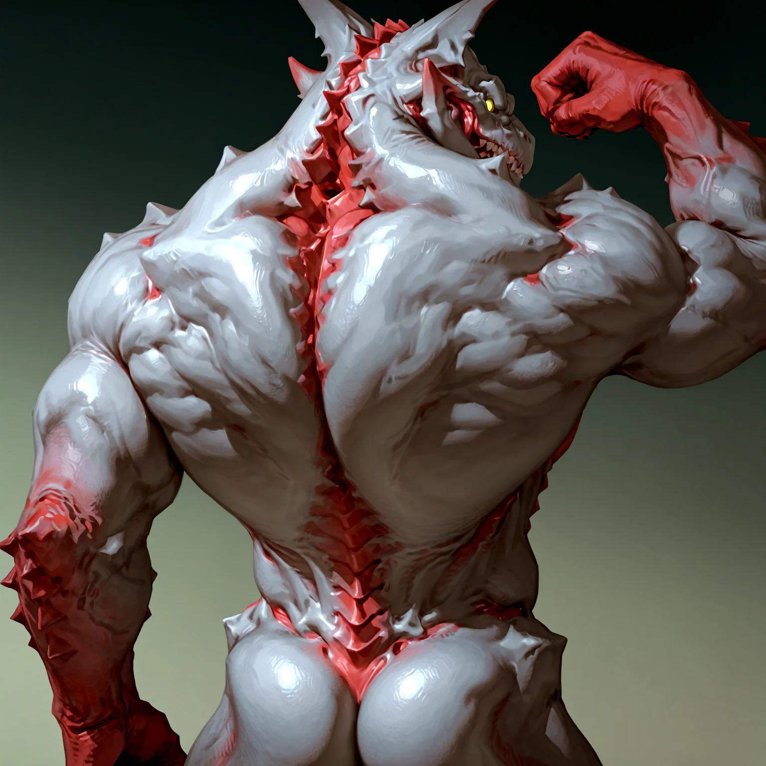Score_9, score_8_up, score_7_up,result_9, result_8, result_7, result_6, masterpiece,solo.(Ultra best details), best quality, good binding quality,4k, ,2boys, 50lly2, (sharp focus, perfect_anatomy), , detailes face, detailed skin perfect anatomy, masterpiece, best quality, amazing quality, very aesthetic,highres, absurdres, ,birdman-(D00M3),yellow sclera,claws, monster, grey skin, red limbs, bony protuberance, open abdomen, visible hip tendons, upper body, back view, view over the shoulder, flexing arm, looking at viewer, (huge muscles, narrow hip, broad shoulders)