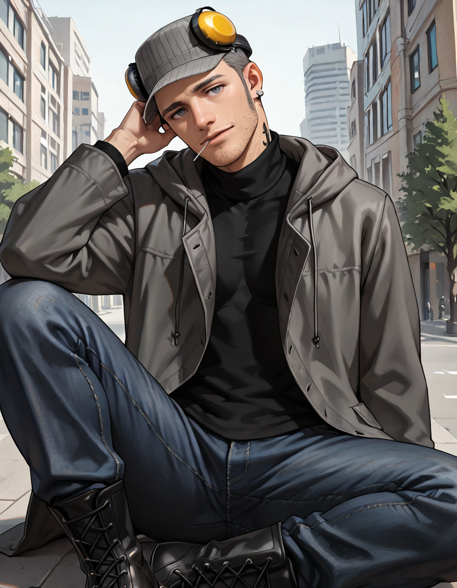 masterpiece, best quality, absurdres, newest, perfect quality, best quality, absolutely eye-catching, detailed background, intricate details, male focus, realistic, solo, <lora:Persona 5 - Munehisa Iwai - Illustrious 2_1-000006:0.7>, m_iwai, 1boy, mature male, grey hair, very short hair, grey eyes, long sideburns, stubble, neck tattoo, earrings, pinstripe hat, ear protection, grey long coat, black turtleneck, hood down, jeans, black boots, head tilt, come hither, looking at viewer, outdoors, city, trees, three quarter view, lollipopâââ in mouth, head tilt, sitting