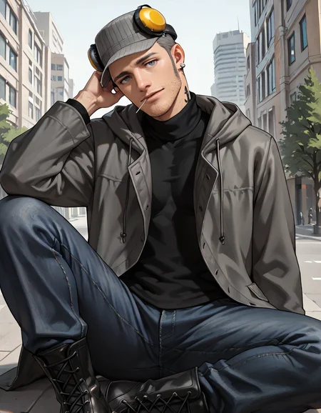 masterpiece, best quality, absurdres, newest, perfect quality, best quality, absolutely eye-catching, detailed background, intricate details, male focus, realistic, solo, <lora:Persona 5 - Munehisa Iwai - Illustrious 2_1-000006:0.7>, m_iwai, 1boy, mature male, grey hair, very short hair, grey eyes, long sideburns, stubble, neck tattoo, earrings, pinstripe hat, ear protection, grey long coat, black turtleneck, hood down, jeans, black boots, head tilt, come hither, looking at viewer, outdoors, city, trees, three quarter view, lollipopâââ in mouth, head tilt, sitting
