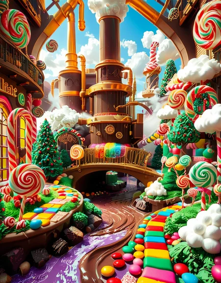 A whimsical and magical photo of Willy Wonkaâs Chocolate Factory. The scene captures the exterior of the factory, featuring a towering, fantastical building with colorful, crooked chimneys puffing out clouds of candy-scented steam. The walls are made of vibrant bricks in shades of purple, gold, and red, with intricate candy-inspired patterns carved into the structure. A large, ornate gate made of swirling lollipop shapes stands at the front, with the name "Willy Wonka" emblazoned in gold letters. Surrounding the factory is a lush, surreal landscape filled with oversized candy canes, gumdrop bushes, chocolate rivers, and trees made of cotton candy. The sky is bright and cheerful, with fluffy clouds that resemble whipped cream. The entire setting feels magical, playful, and inviting, full of bright, saturated colors and incredible, dreamlike details that spark the imagination.
<lora:SDXLFaeTastic2400:0.4> <lora:extremely_detailed:0.4> extremely detailed, <lora:Willy_W0nk4_chocolate_f4ct0ry:1>,Willy W0nk4 chocolate f4ct0ry, Masterpiece,best quality,hi res,8k,hi res,8k,award winning,(sharp focus, intricate, highly detailed),