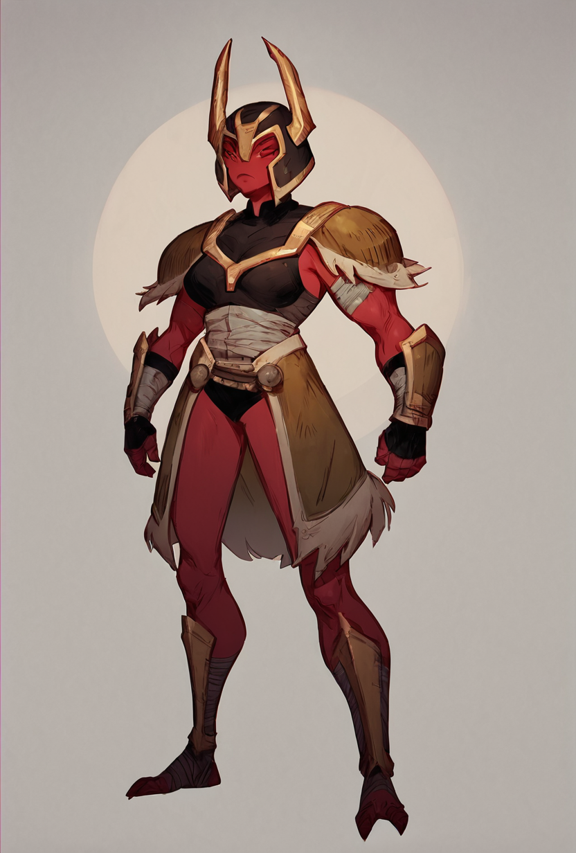 score_9, score_8_up, score_7_up,,  good quality ,, character focus, solo, , best quality , full body,   <lora:looma-10:1>  looma, solo, red skin, armor, 1girl, bandages, shoulder armor, helmet, horns,