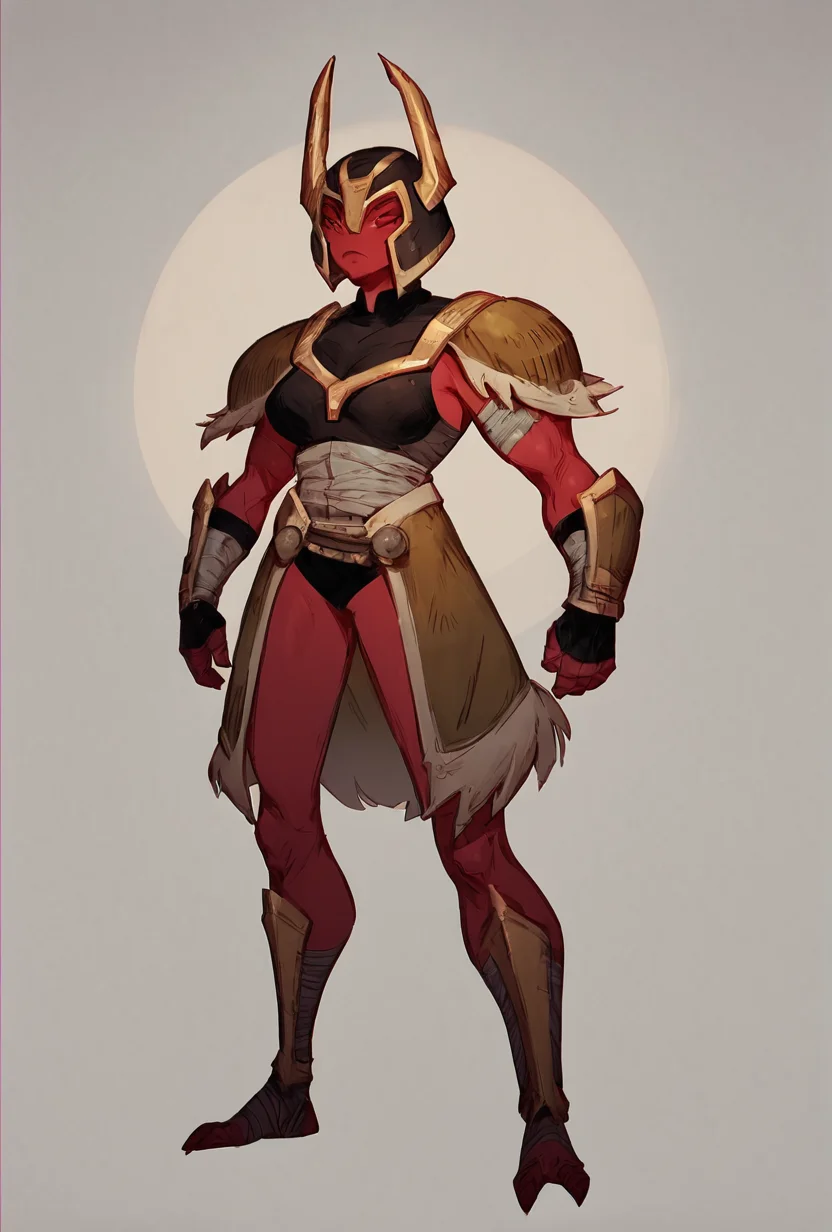 score_9, score_8_up, score_7_up,, good quality ,, character focus, solo, , best quality , full body, <lora:looma-10:1> looma, solo, red skin, armor, 1girl, bandages, shoulder armor, helmet, horns,