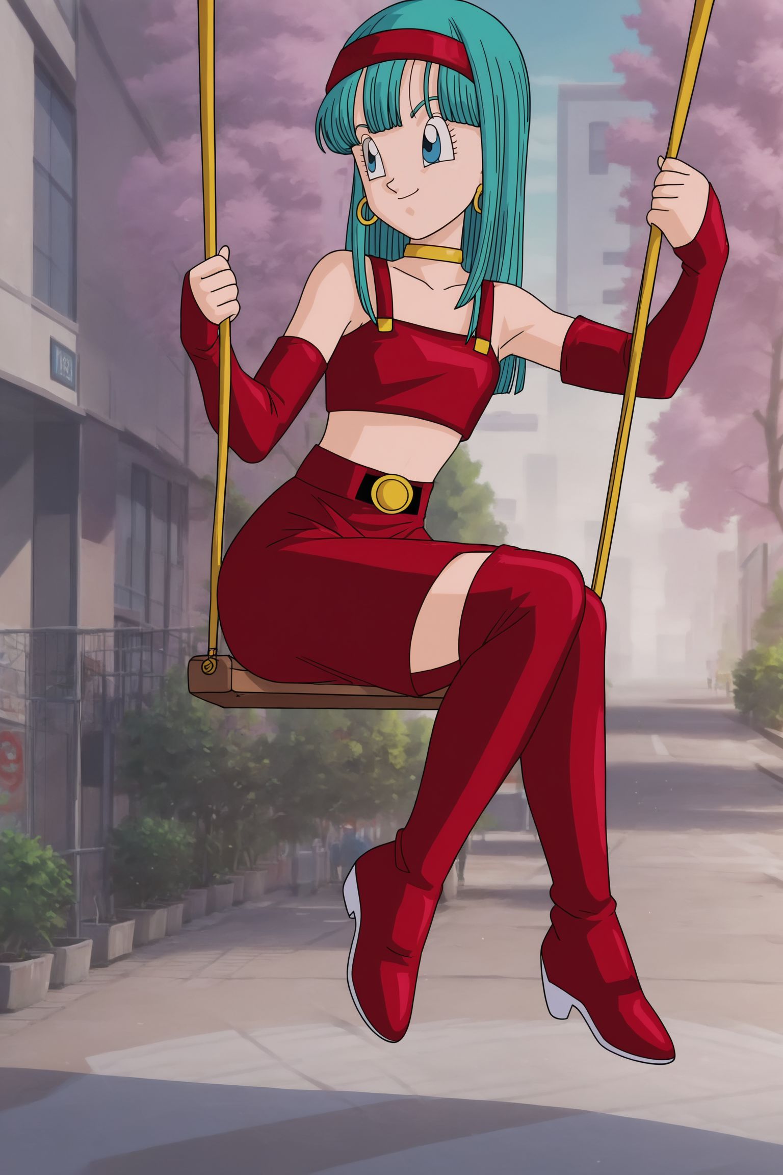 source_anime, score_9, score_8_up, score_7_up, anime screencap, absurdres,
bra \(dragon ball\), official style, swinging, 1girl, solo, long hair, smile, outdoors, park, upper body, aqua hair, bridal gauntlets, eyelashes, blunt bangs, hoop earrings, eyebrows, bare shoulders, red hairband, blue eyes, red armwear, red crop top, midriff, pointy nose, raised eyebrows, looking to the side, choker, collarbone, leather, straight hair, on swing, 
 <lora:bra_v1:0.8>