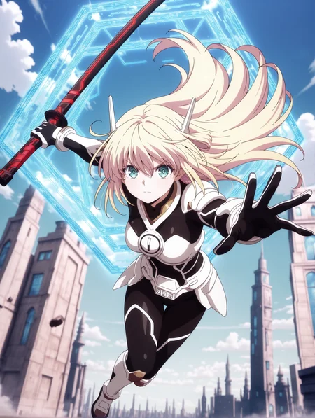 tv style,anime coloring,sky striker ace - raye,1girl,blurry,black katana,holding black katana,blue glitch magic circle,solo,outdoors,building,full body,falling,cloud,midair,floating hair,battle bodysuit,white headgear,white breastplate,black bodysuit,white armored gloves,white armored skirt,white armored boots,outstretched arms,fighting stance,from below,serious,looking at viewer,blue sky,
masterpiece,best quality,amazing quality,very aesthetic,absurdres,newest,<lora:Sky striker ace - Raye illusXL v1:0.75>,