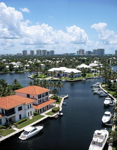 ariel drone view of a city in Florida, canals split the land with modern mansions along it, docked yachts stand in front of the mansions in canals, in the near distance backgound are luxury apartment highrises, palm trees, blue sky, clouds, sunny, tropical, 


 <lora:amateurphoto-6version:1> Amateur photography of               , on flickr in 2007, 2005 blog, 2007 blog  