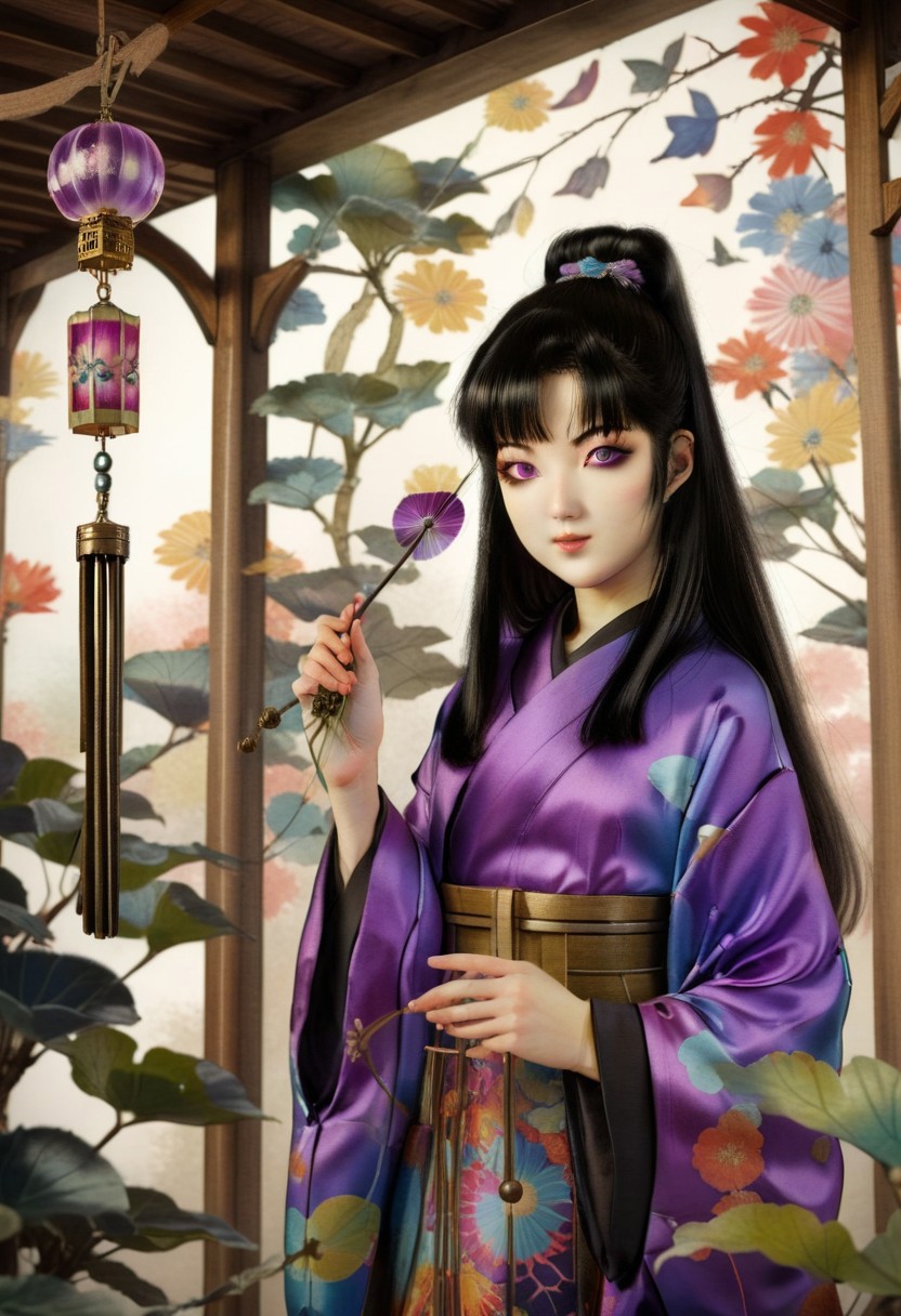 masterpiece,best quality,concept art, (portrait art by Hashiguchi Goyo:0.8) and (Tsuchiya Koitsu:1.3) , detailed art, concept art, Varied (a girl (Tomie Kawakami) with black long hair,hime cut,purple eyes,in a bizzare pavilion with strange plants,wind chime,censer,wall of psychedelic pattern:1.3) , dressed in winter magnificent colorful kimono, Winter, Wide view, Vivid, Spiritual, specular lighting, happy, smile face, right hand up to say hello, 800mm lens, feminine, Surrealism Art,<lora:huyaXLlokr3f:1>, radiant, highly detail, exquisite color, ambient