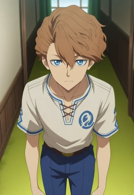 masterpiece, best quality, , anime screencap, anime coloring, official style, looking at viewer, 1boy, solo, male focus, <lora:langris_vaude_ilxl:0.9>, langris_vaude, brown hair, blue eyes, short hair, hair between eyes, , , Golf pants, Tribal Linen shirt, , ,