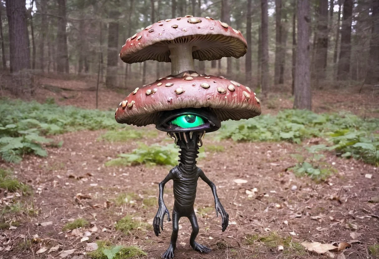 photo Alien-themed anthropomorphic biomechanical android (monster alien:2) mushroom, Extraterrestrial, 35mm photograph <lora:y2kmadmix_v0.0.1:1>