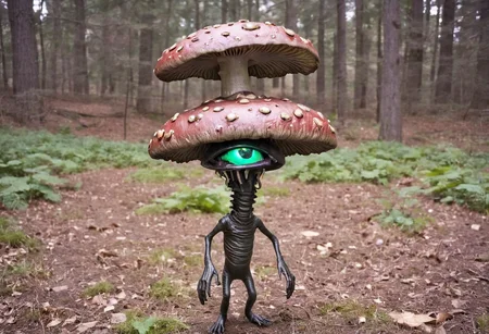 photo Alien-themed anthropomorphic biomechanical android (monster alien:2) mushroom, Extraterrestrial, 35mm photograph <lora:y2kmadmix_v0.0.1:1>