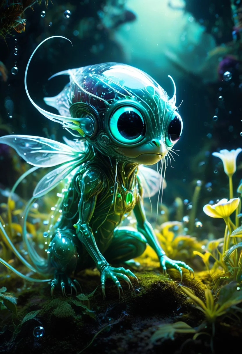 old masters painting style, intricate details, full body view, award-winning macro photo, (short depth of field:1.2), the (diminutive:1.4) "undead gootchsqueggle" is a (bioluminescent glowing:1.3) mind-bending and mesmerizing creature (with large multifaceted eyes:1.2) that dwells in the oilgeary canopies and glurbguzzled underfrazzler of the exotic alien world "nurbleton vii", where they harvest blongspivelled seeds and (floating particles:1.2) for sustenance, (dappled light:1.2), rim lighting, vivid violet and mint green,
