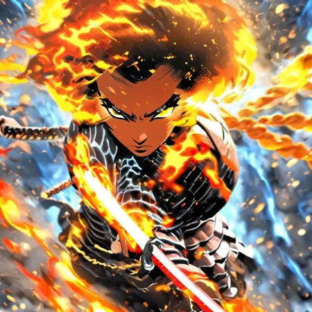 action shot. she was a black woman with intense eyes and a firey passion showing in her swordsmanship. As she stepped into the bar, sword held high, everyone could see her charging up her power attack.