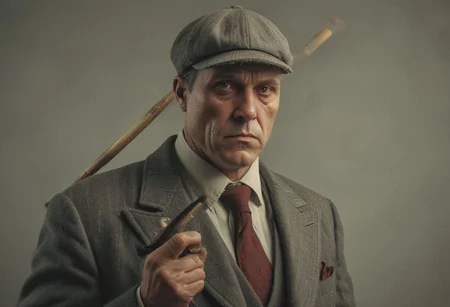 Vibrant (George Tooker) and (Simon Stalenhag) and (Holly Andres) book cover style.
Title: "The Closer".
Life-like details.
Cinematic. Dramatic. Dynamic.
Pristine Aesthetic.
Enigmatic.
Emotionally Moving.
Moody.
Extremely refined lines and and shapes.
Extremely refined details on objects.
Sharp details.
Complementary colors.
Many details everywhere. Ray-Tracing. Anti-Aliasing. Realistic soft shadows. Low saturation colors. Insane quality. Insane resolution. Insane details. Masterpiece. 32k resolution.
1920s mobster holding a baseball bat while wearing a 3 piece suit and boiler cap