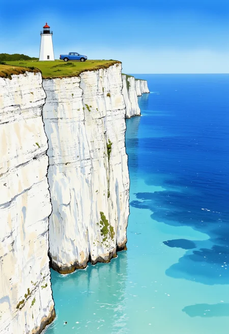 An image in style of (ink wash painting:1.1), featuring a ((pristine white lighthouse)) standing tall on expansive ((chalk cliffs)) overlooking a ((vibrant blue ocean)). The lighthouse rises from a plateau of (lush green grass) that blankets the top of the sheer white cliff face. Parked near the lighthouse is a (blue pickup truck), creating a striking contrast against the natural landscape. The scene captures the dramatic meeting of land and sea, with the steep white precipice dropping sharply to meet the azure waters below. Above, a (clear blue sky) stretches infinitely without a single cloud, bathing the entire coastal vista in bright daylight. The white limestone formations create a stunning natural barrier along the coastline, reminiscent of famous coastal chalk formations. The composition emphasizes the majestic scale of the cliffs against the vast seascape. <lora:Shuimozhuangshi_Ink_wash_painting_style_v2.5:1>
