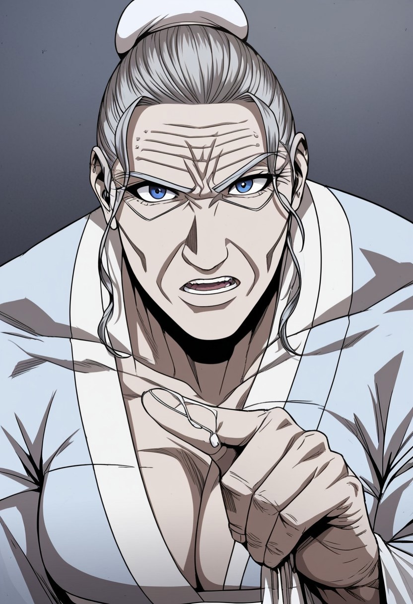 detailed face, detailed eyes, high resolution, intricate design, sharp edges, smooth, high detailed, god level, good proportions, detailed fingers, hairymorph
...
(Gam Rosu, 1girl, old woman, muscular female, grey hair, blue eyes, hair bun, single hair bun, bun cover, Japanese clothes, huge breasts, cleavage)
...
looking at viewer, close up, standing, front view, portrait
...
score_10, score_9, score_8, 1girl, solo, alone
...
grey background