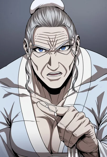 detailed face, detailed eyes, high resolution, intricate design, sharp edges, smooth, high detailed, god level, good proportions, detailed fingers, hairymorph
...
(Gam Rosu, 1girl, old woman, muscular female, grey hair, blue eyes, hair bun, single hair bun, bun cover, Japanese clothes, huge breasts, cleavage)
...
looking at viewer, close up, standing, front view, portrait
...
score_10, score_9, score_8, 1girl, solo, alone
...
grey background