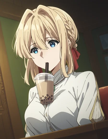 score_9, score_8_up, score_7_up, source_anime, <lora:violet-evergarden-s1-ponyxl-lora-nochekaiser:1>, violet evergarden, blonde hair, blue eyes, hair ribbon, ribbon, short hair, braids, hair braids, red ribbon, mature female, medium breasts,, <lora:bubble-tea-challenge-ponyxl-lora-nochekaiser:1>, bubble tea challenge, bubble tea, object on breast, drinking straw, drinking straw in mouth, drinking, cup,, indoors, sitting, looking down, , dutch angle, cowboy shot