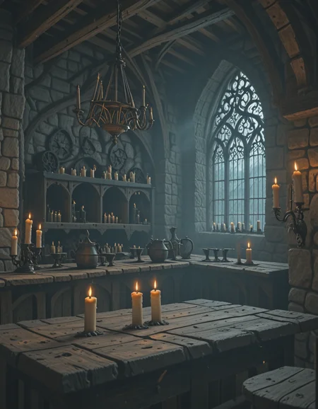 <lora:MW_Tavern01ill:1> mwt01, medieval tavern, indoors, empty, noone, medieval, candles, windows, misty day, arches, skylight, chandelier, shades of light,