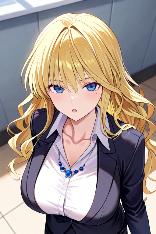 masterpiece, High quality, Ultra detailed, 2d, newest, absurdres, highres, BREAK
1girl, solo, <lora:harudera_yuria:0.8>, harudera yuria, long hair, wavy hair, blonde hair, mole under eye, blue eyes, necklace, 
large breasts, jbdef, business suit, collarbone, white shirt, skirt suit, pencil skirt, 
from above, looking at viewer, open mouth,