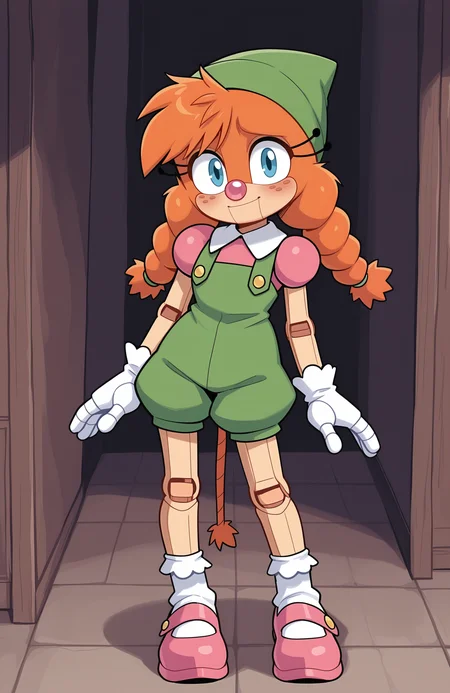 1girl, solo,
<lora:Belle-06:1> belle the tinkerer, green headwear, puffy short sleeves, pink shirt, green overalls, collared shirt, white gloves, mary janes, pink footwear, white socks, frilled socks, overall shorts, doll joints,
contrapposto, light smile, blush, looking at viewer, extremely detailed, highres, masterpiece, best quality