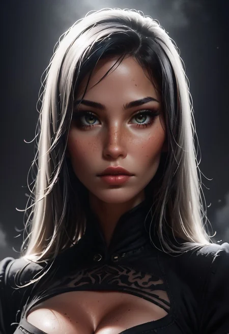 score_9, score_8_up, score_7_up, score, score_8, score_7,, digital painting, best quality, extremely detailed, highest quality, masterpiece, ultra details, absurdres, 8K, highly detailed, ultra quality, volumetric lights, dark and & dim lighting,
portrait, 1girl, A2 nier automata, large breasts, cleavage, dark outfit, relaxed , perfect face, round face