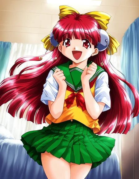 score_9, score_8_up, score_7_up, source_anime, rating_explicit, BREAK <lora:Nanako_RISE_XL:1>ãNanako_RISE, long hair, red hair, red eyes, bangs, hair bow, headgear, yellow bow,
1girl, solo, school uniform, bow, open mouth, green skirt, indoors, pleated skirt, Yellow serafuku, short sleeves, smile,
room, curtain,