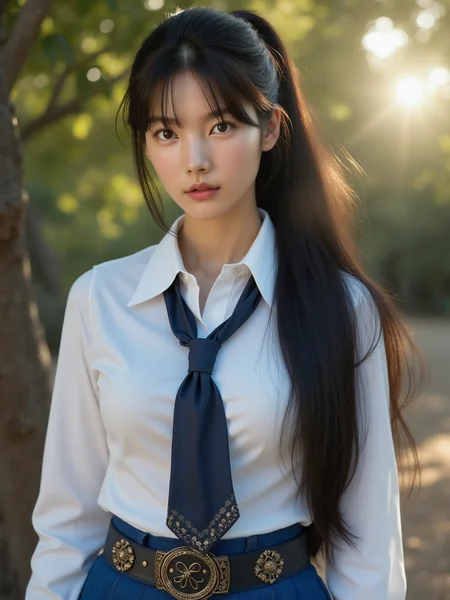 [12]Realistic photograph, A 20-year-old elegant and sophisticated Japanese woman is wearing a luxury silk blouse and high-waisted pants. The pastel-toned blouse features metallic details, and the pants fall neatly just above the ankles. She pairs black stiletto heels with a designer mini bag, accessorized with diamond earrings of chanel logo and a slim gold watch. Her look is completed with natural dark long hair, exuding refined city style. full body, looking at viewer, upper body, leg open, standing, rainy playgroun, sittting,