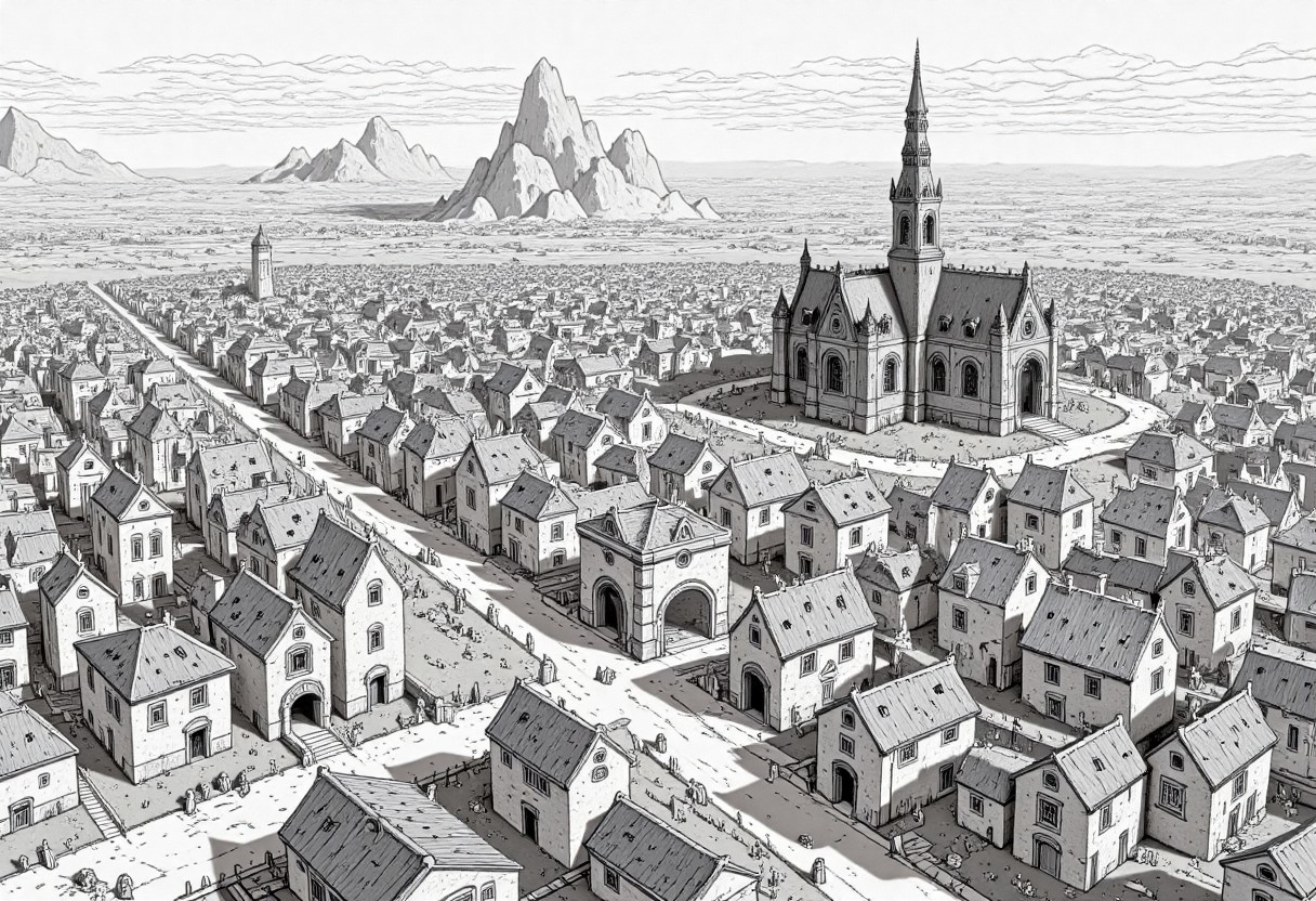 fna_style, a bold linework illustration of, in the style of mister-mass, 2d seamless hand-painted texture of,landscape masterpiece - a bold linework illustration of capturing the center of an empty town in a medieval European setting (no characters, no animals, no people)