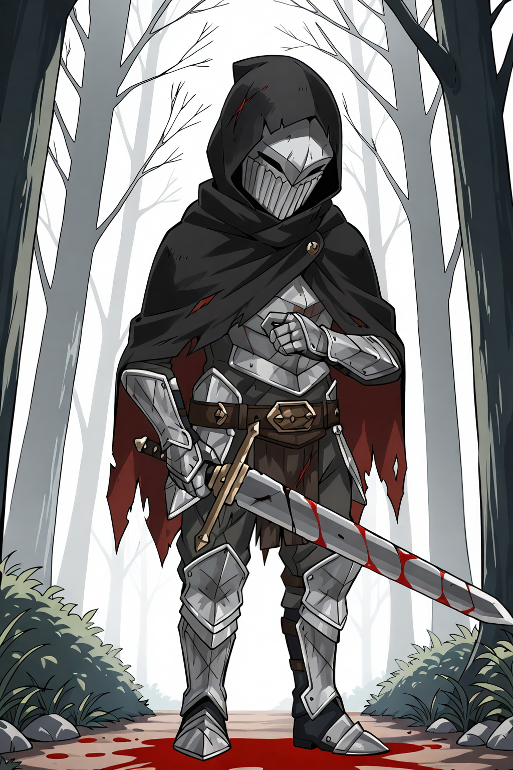 umbralknight, solo, 1boy, holding, full body, weapon, male focus, boots, belt, sword, hood, grey background, cape, holding weapon, armor, torn clothes, blood, mask, holding sword, gauntlets, hood up, armored boots, greaves, hooded cloak,  anime_coloring, anime_screencap,
BREAK
Standing, stab, attack
BREAK
outside, forest, dark
BREAK
masterpiece,best quality,absurdres,very aesthetic,perspective, <lora:umbralknight_IL_Lora_v1:1>