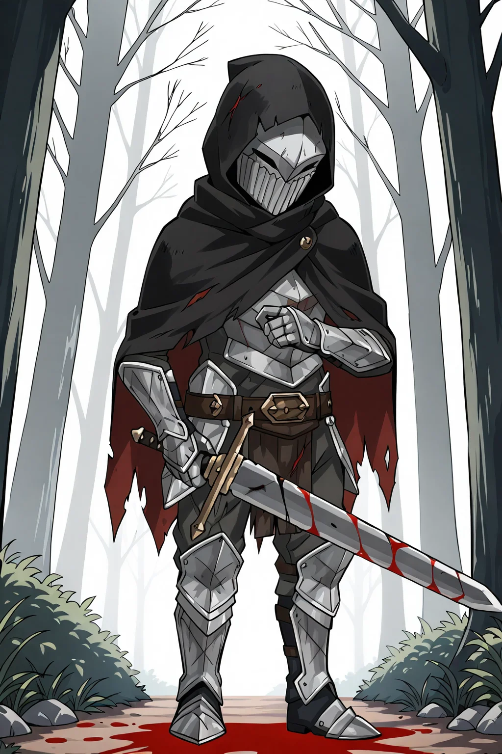 umbralknight, solo, 1boy, holding, full body, weapon, male focus, boots, belt, sword, hood, grey background, cape, holding weapon, armor, torn clothes, blood, mask, holding sword, gauntlets, hood up, armored boots, greaves, hooded cloak, anime_coloring, anime_screencap,
BREAK
Standing, stab, attack
BREAK
outside, forest, dark
BREAK
masterpiece,best quality,absurdres,very aesthetic,perspective, <lora:umbralknight_IL_Lora_v1:1>