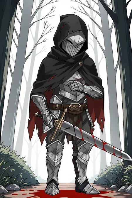 umbralknight, solo, 1boy, holding, full body, weapon, male focus, boots, belt, sword, hood, grey background, cape, holding weapon, armor, torn clothes, blood, mask, holding sword, gauntlets, hood up, armored boots, greaves, hooded cloak, anime_coloring, anime_screencap,
BREAK
Standing, stab, attack
BREAK
outside, forest, dark
BREAK
masterpiece,best quality,absurdres,very aesthetic,perspective, <lora:umbralknight_IL_Lora_v1:1>