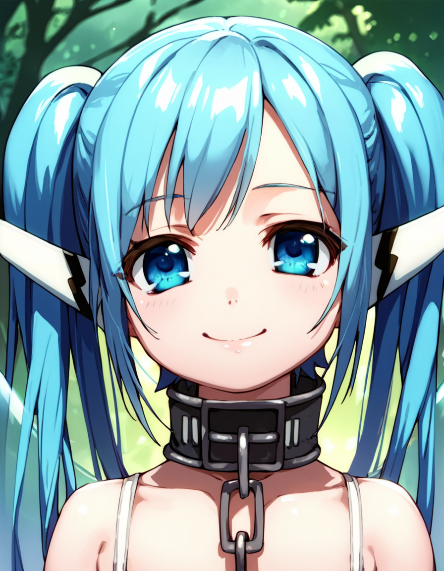 score_9, score_8_up, score_7_up, score_6_up, score_5_up, score_4_up, source_anime,  Nymph, twintails, blue hair, wings, collar, blue eyes,  , portrait, soft smile