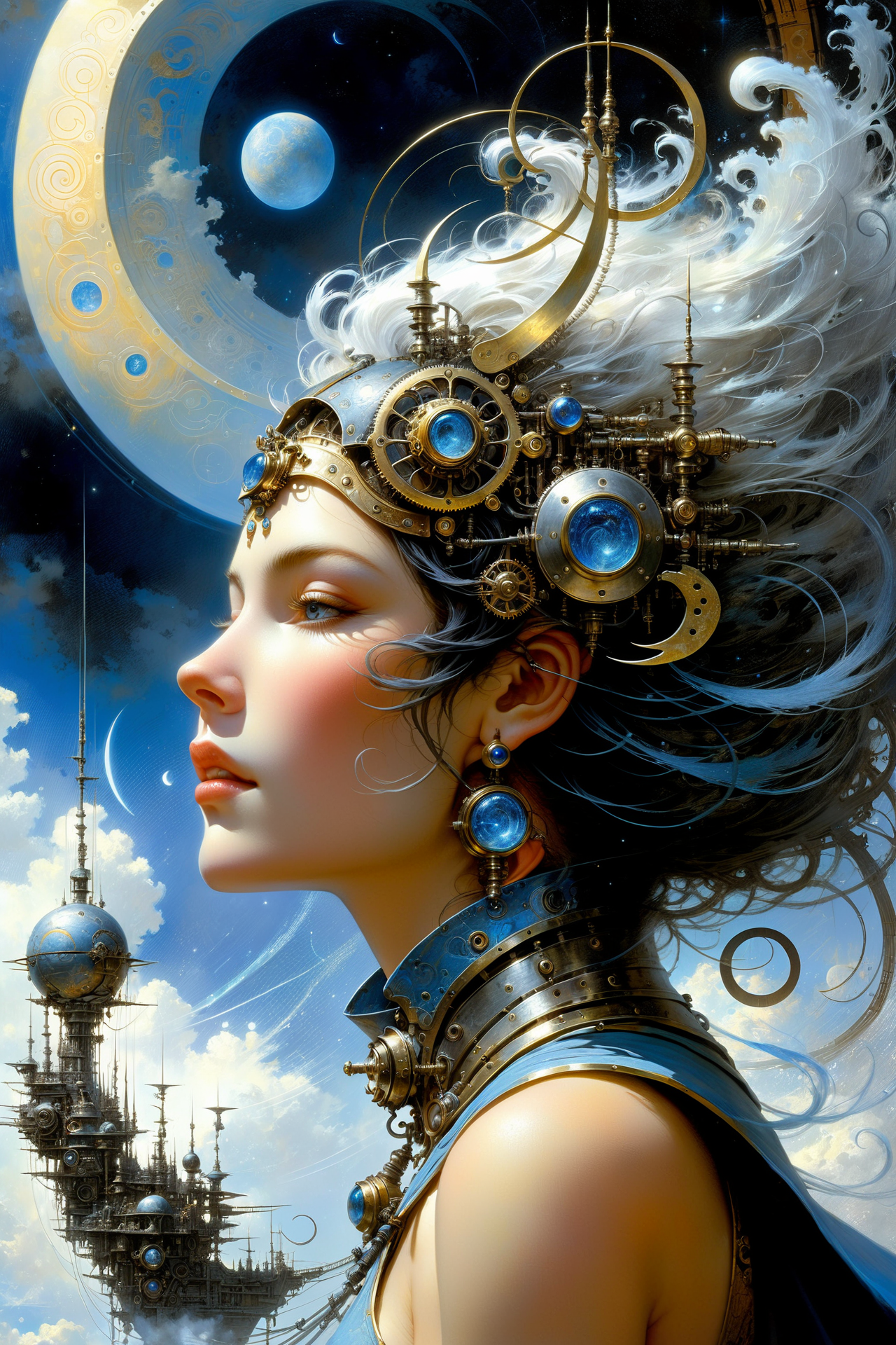 fantastic futuristic steam punk made of shiny brass towers, floating_swirls_made_of_steam, blue sky, silver moons, dramatic color palette, <lora:add-detail-xl:2> misc   <lora:DonMW15pXL:0.5> DonMW15pXL, the head of a woman by aaron horkey <lora:John Berkey Style:0.6> John Berkey Style page <lora:d\EnvyFantasticXL01:1>, (masterpiece:1.2), best quality, (hyperdetailed, highest detailed:1.2), high resolution textures, <lora:EnvyBetterHiresFixXL01:1>