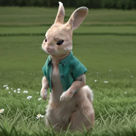 masterpiece, best quality, amazing quality, cottontail18il, semi-anthro, female, rabbit_girl, Light brown fur, brown eyes, green shirt, standing, in field, , <lora:9ad4fae7-af5b-456d-8553-17904be0e8c2:1.0>