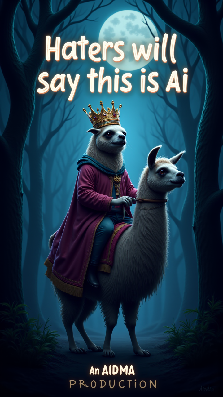 A majestic sloth king wearing a magical robe rides a llama through a moonlit forest. The moonlight softly highlights the title "Haters will say this is AI," with "An AIDMA Production" written at the bottom.   , aidmatextimprover