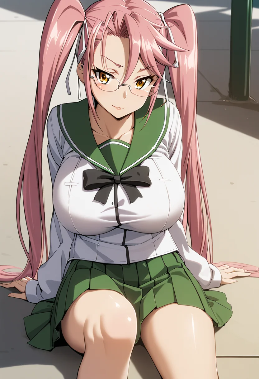 takagi saya,1girl, solo, pink hair, twintails, glasses, school uniform, breasts, large breasts, long hair, skirt, serafuku, brown eyes, ribbon, yellow eyes,
<lora:takagi saya A31 e1-000010:0.65>