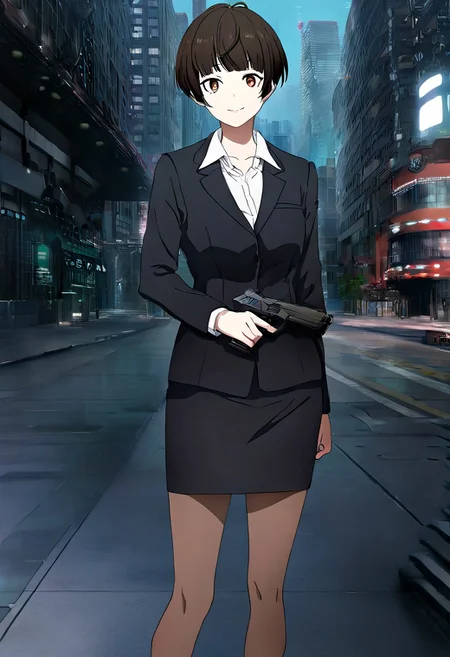 detailed background,
smile,
looking at viewer,
solo,
tsunemori,1girl,black jacket,skirt suit,long sleeves,wing collar,collared shirt,pencil skirt,miniskirt,brown pantyhose,
holding gun,handgun,
science fiction,city,downtown,
standing,
masterpiece,best quality,good quality,newest,