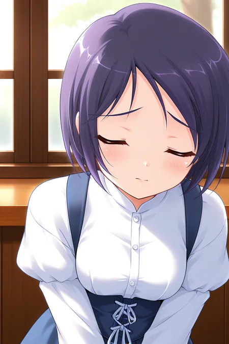 masterpiece, best quality, absurdres, official art, official style, rating general BREAK <lora:katsurazawahonami_IL_v1-2:0.7>, katsurazawa honami, 1girl, solo, purple eyes, purple hair, short hair, bob cut, parted bangs, swept bangs, small breasts BREAK casual, blouse, white shirt, dress shirt, collared shirt, underbust, buttons, juliet sleeves, blue dress, blue corset, cross-laced corset, standing, portrait, close-up, indoors, cafe,
blush, closed eyes, closed mouth, facing viewer, raised eyebrows, sad