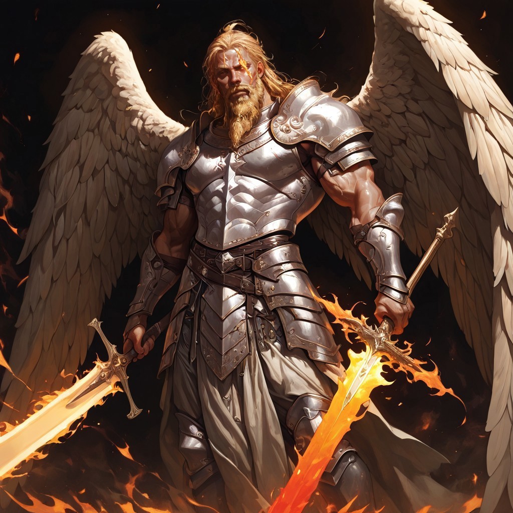 masterpiece, best quality, newest, absurdres, highres, 
HFMV1.0, 1boy, angel, angel wings, beard, armor, sword, holding, holding sword, holding weapon, manly, muscular male, fire, fire sword, flame sword,

