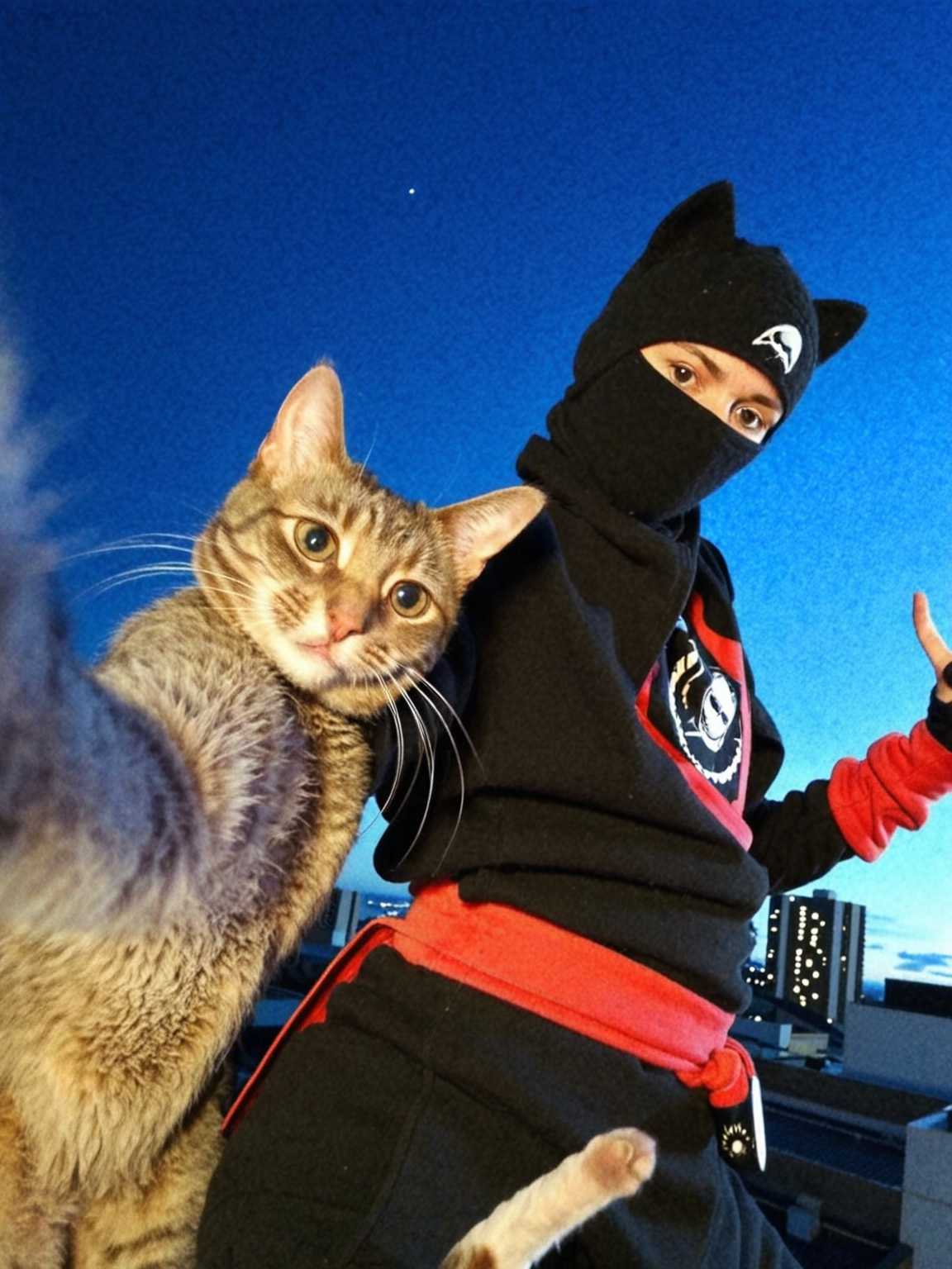 extemely detailed face, perfect qualitym, ninja cat takes selfie, standing on rooftop, stars in the sky, solo