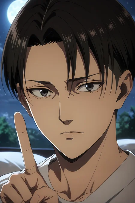score_9, score_8_up, score_7_up, source_anime, rating_safe, intricate details, , , , 1boy, solo, male focus, <lora:levi_ackerman_pony:1>, levi_ackerman, black hair, black eyes, short hair, curtained hair, final season, close-up, bedroom, (plush), night, full moon, v, peace sign, wavy mouth, , <lora:sdxl_lightning_8step_lora:1>