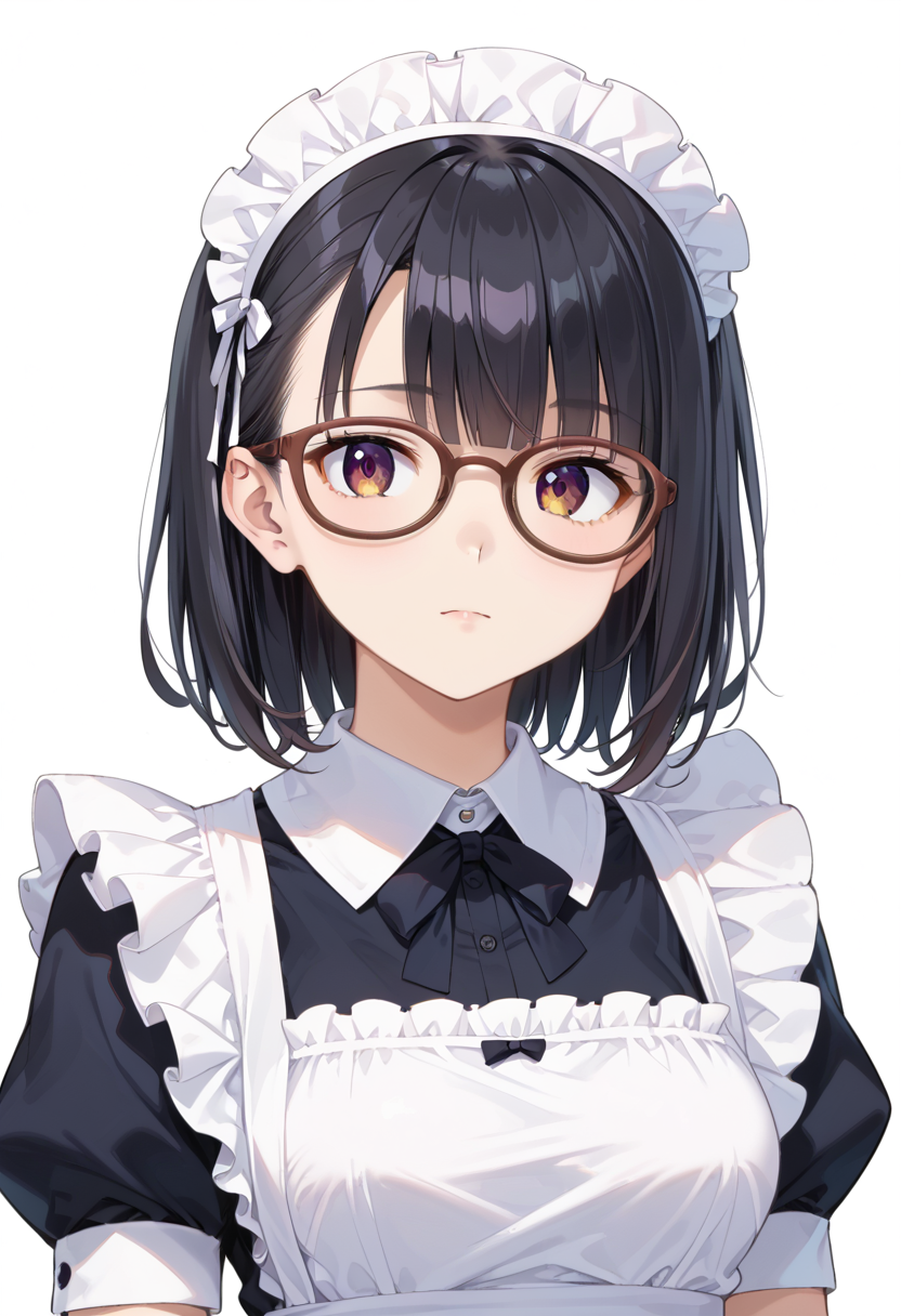 score_9, score_8_up, score_7_up, rating_safe, masterpiece, best quality, absurdres, unity 8k wallpaper, official art, official style, source_anime, uncensored, game cg, megami magazine,
1girl, solo, black hair, medium hair, upper body, covered eyes,maid, maid headdress, black dress, maid apron, face focus,
oval_cell, glasses, still life, white background, simple background, brown-framed eyewear,
 <lora:glasses_OvalCell2_PONY_V1:1>